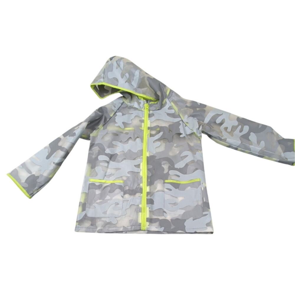 Boys Western Chief Zip Up Rain Jacket Coat Clearly Green/Grey Camo Size 6